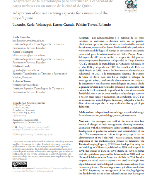 Adaptación de la metodología para determinar la capacidad de carga turística en un museo de la ciudad de Quito Publicado en 2024
