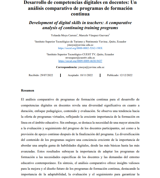 Desarrollo de competencias digitales en docentes: Un  análisis comparativo de programas de formación  continua. Publicado en 2022