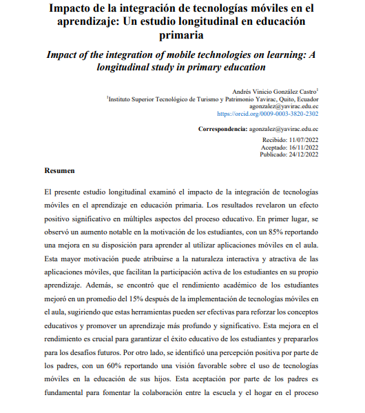 Impacto de la integración de tecnologías móviles en el  aprendizaje: Un estudio longitudinal en educación  primaria. Publicado en 2022