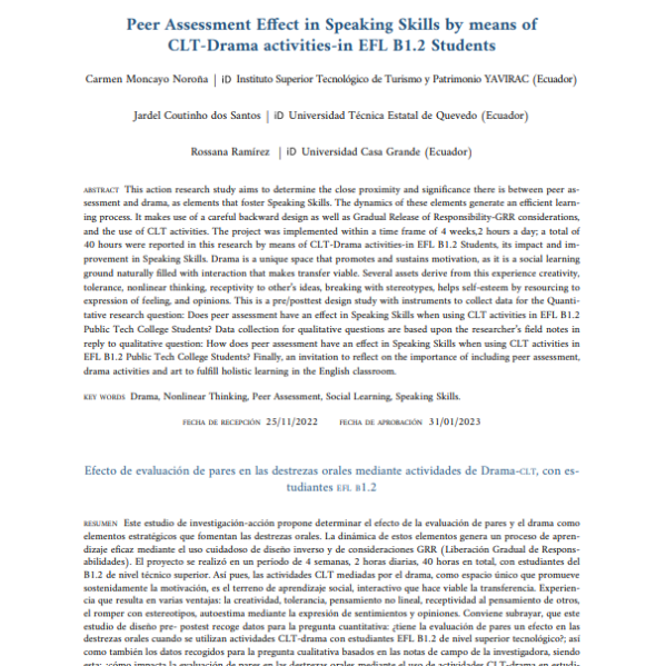 Peer Assessment Effect in Speaking Skills by means of  CLT-Drama activities-in EFL B1.2 Students. Publicado en 2023