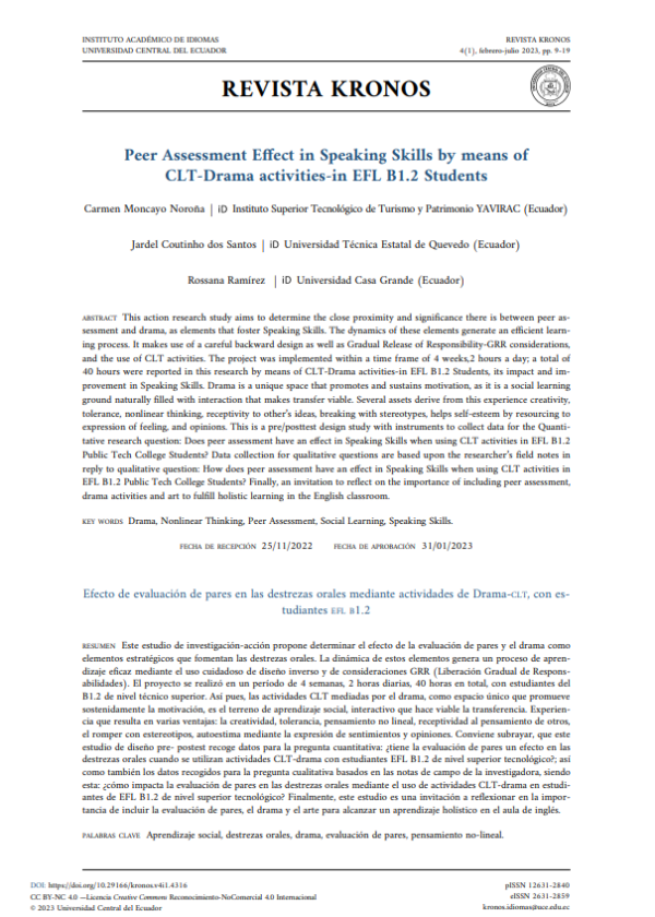 Peer Assessment Effect in Speaking Skills by means of  CLT-Drama activities-in EFL B1.2 Students. Publicado en 2023