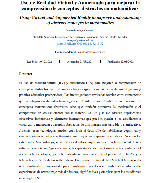 Uso de Realidad Virtual y Aumentada para mejorar la  comprensión de conceptos abstractos en matemáticas. Publicado en 2023