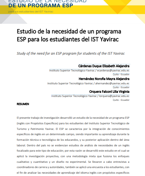 Estudio de la necesidad de un programa  ESP para los estudiantes del IST Yavirac. Publicado en 2022