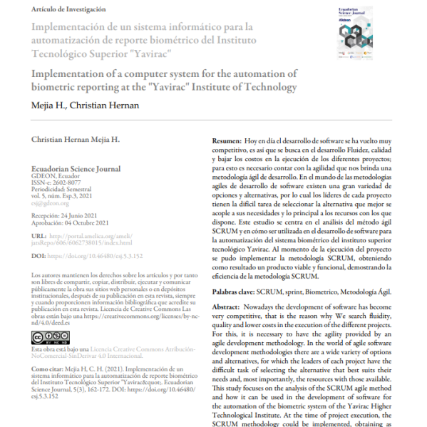 Implementación de un sistema informático para la automatización de reporte biométrico del Instituto Tecnológico Superior «Yavirac». Publicado en 2021