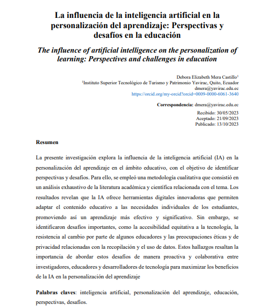 La influencia de la inteligencia artificial en la  personalización del aprendizaje: Perspectivas y  desafíos en la educación. Publicado en 2023