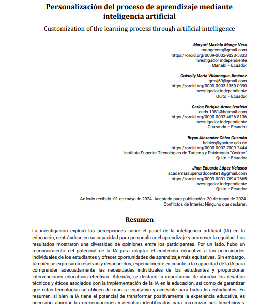 Personalización del proceso de aprendizaje mediante  inteligencia artificial. Publicado en 2024