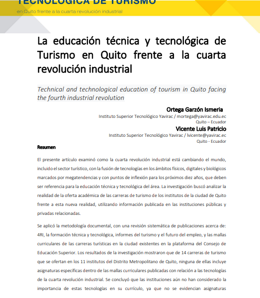 La educación técnica y tecnológica de  Turismo en Quito frente a la cuarta  revolución industrial. Publicado en 2022