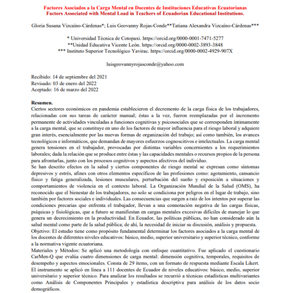 Factores Asociados a la Carga Mental en Docentes de Instituciones Educativas Ecuatorianas. Publicado en 2022
