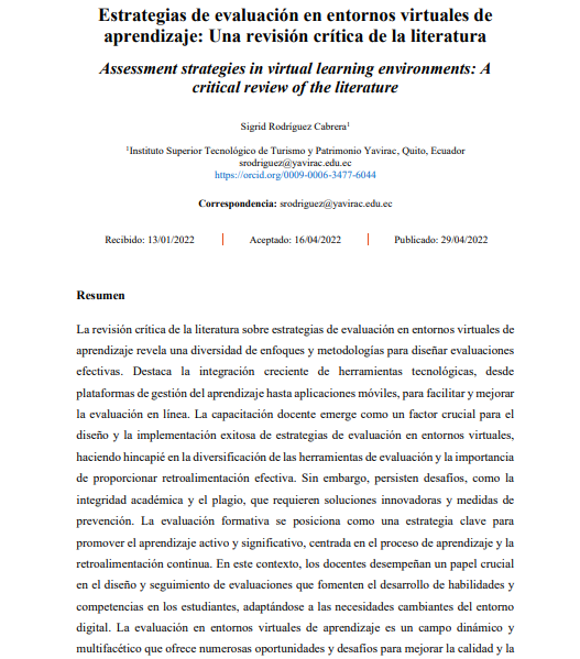 Estrategias de evaluación en entornos virtuales de  aprendizaje: Una revisión crítica de la literatura. Publicado en 2022