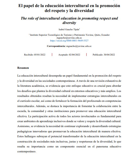 El papel de la educación intercultural en la promoción  del respeto y la diversidad. Publicado en 2022