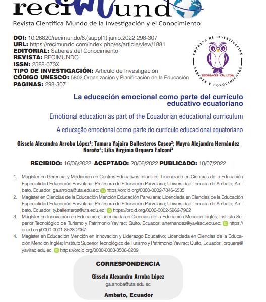 La educación emocional como parte del currículo  educativo ecuatoriano. Publicado en 2022