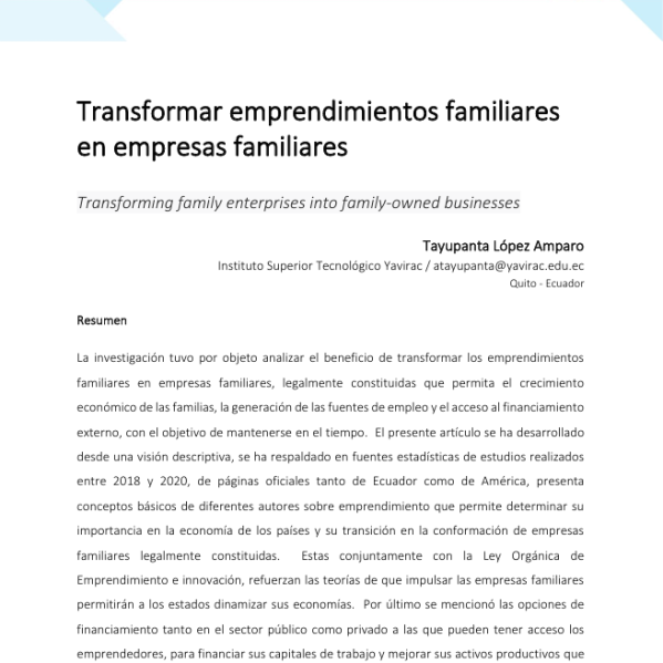 Transformar emprendimientos familiares  en empresas familiares. Publicado en 2022